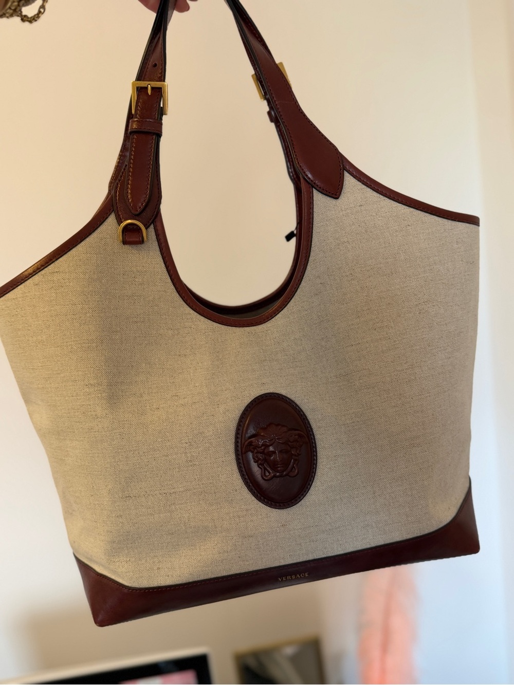 Versace Beige Canvas Tote with Brown Leather Trim Rivière Large Canvas Tote